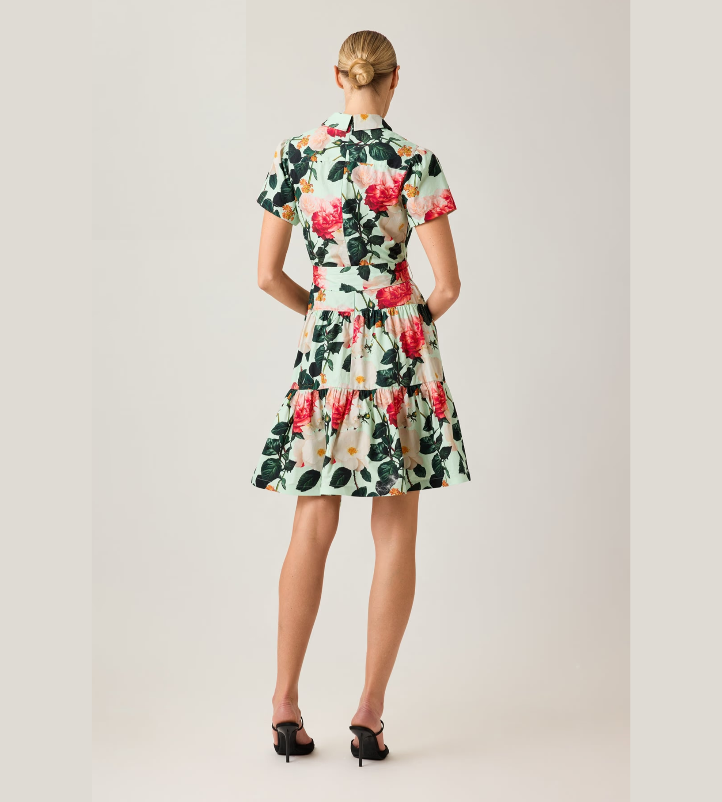 Cotton Print Shirt Collar Drop Waist Tiered Skirt Dress
