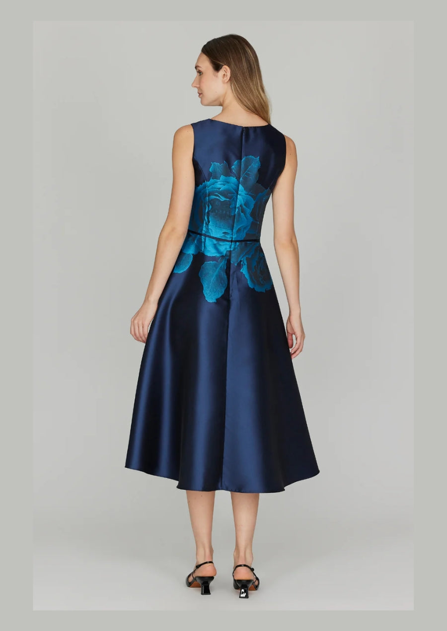 Shadow Rose Jacquard Sleeveless Fit & Flare Dress w/ Bias Trim