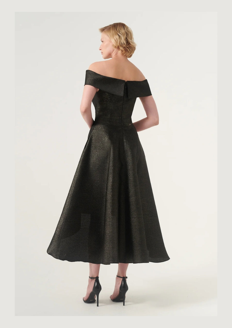 Off-The-Shoulder Applique Detail High Low Brocade Dress