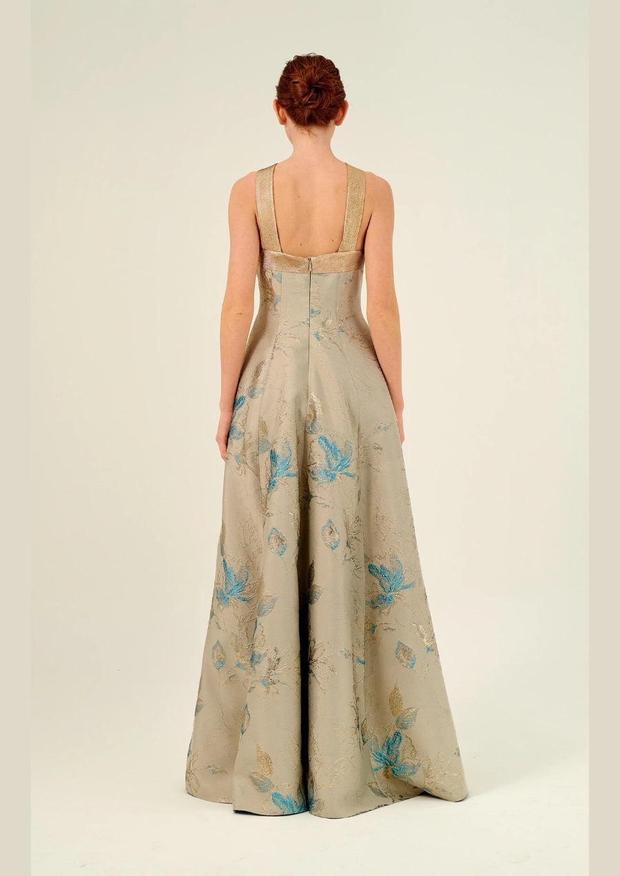 Halter Neckline Fit and Flare Floral Long Gown