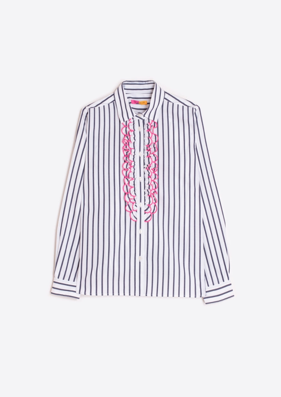 Navy Striped Shirt with Pink Ruffled Trim