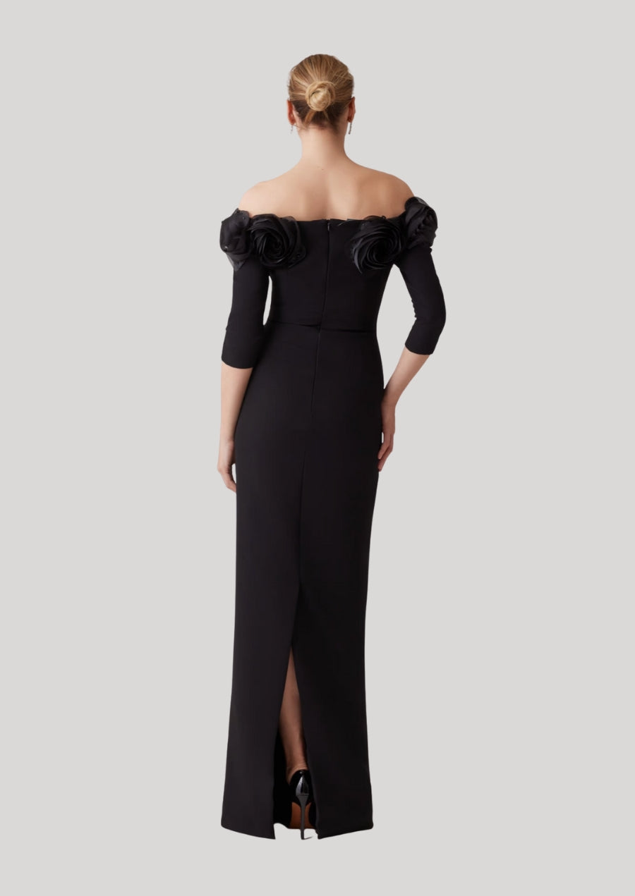 Crepe 3D Flower Off The Shoulder Gown