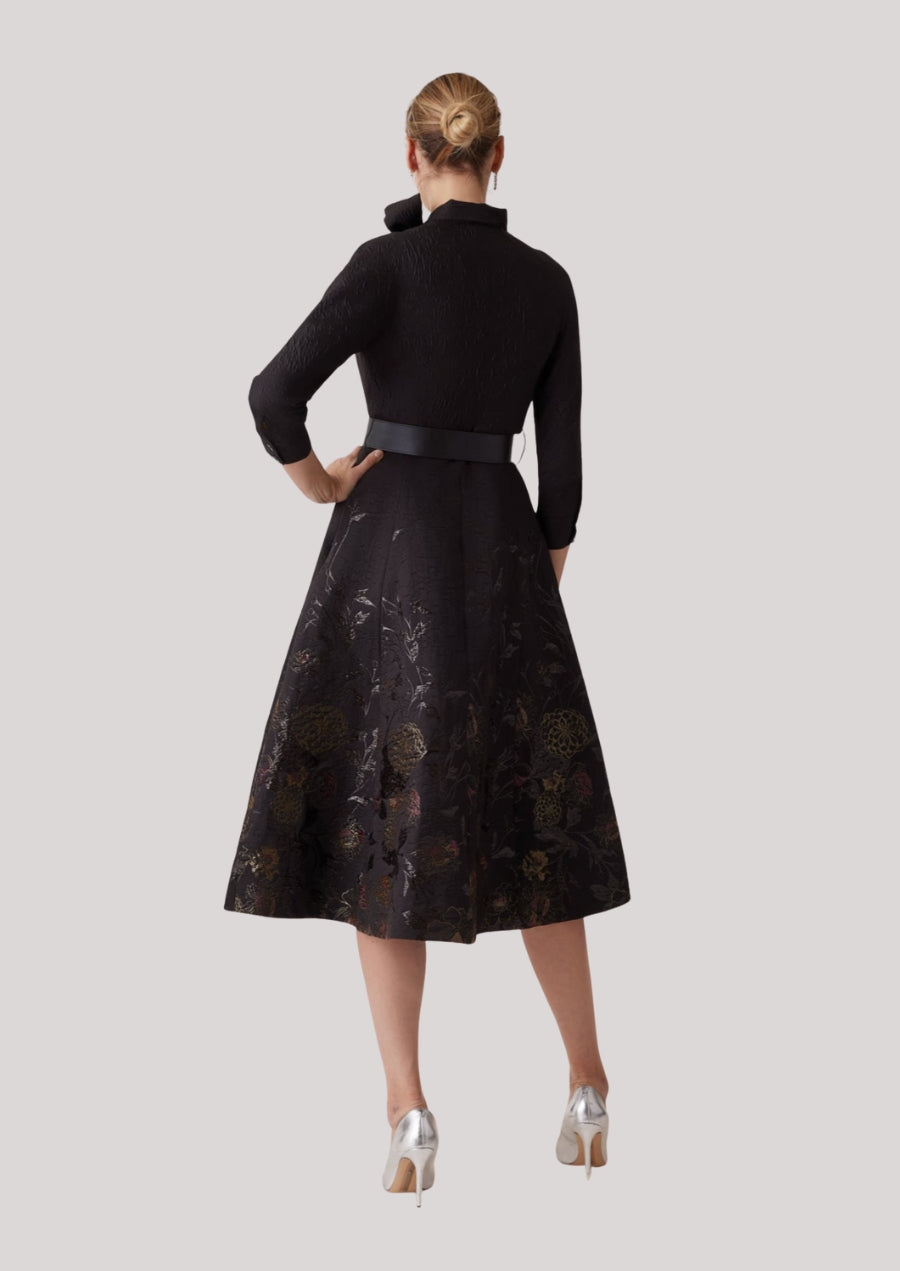Textured Metallic Jacquard Floral Bow Neck Dress
