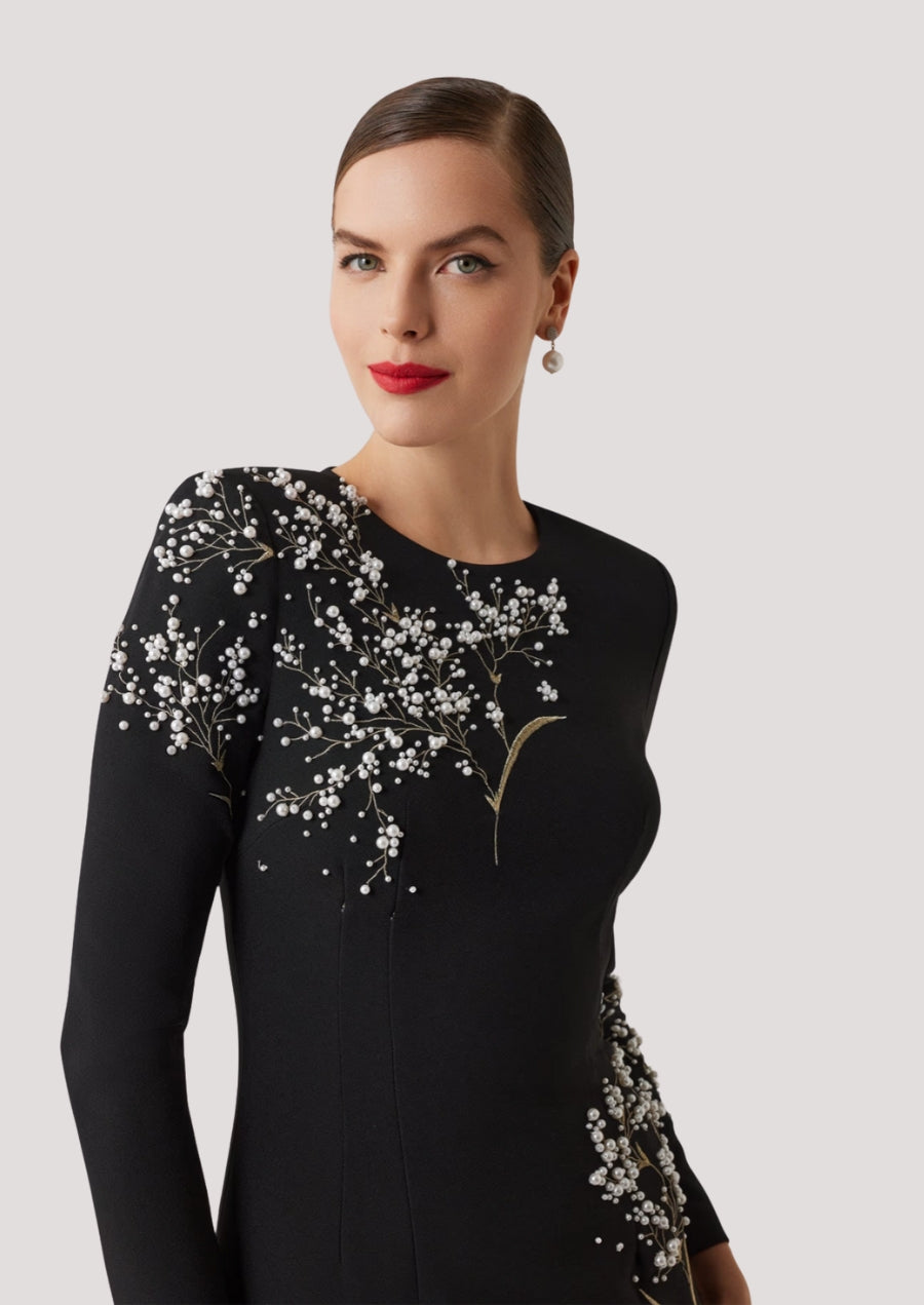 Crepe Floral Pearl Applique Gown