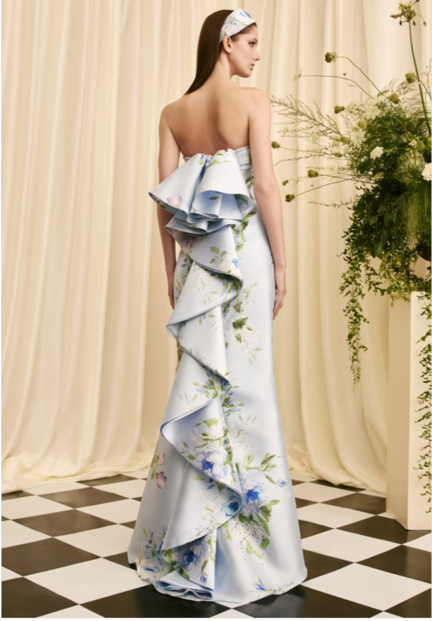 Strapless Blue Floral Gown - 7039