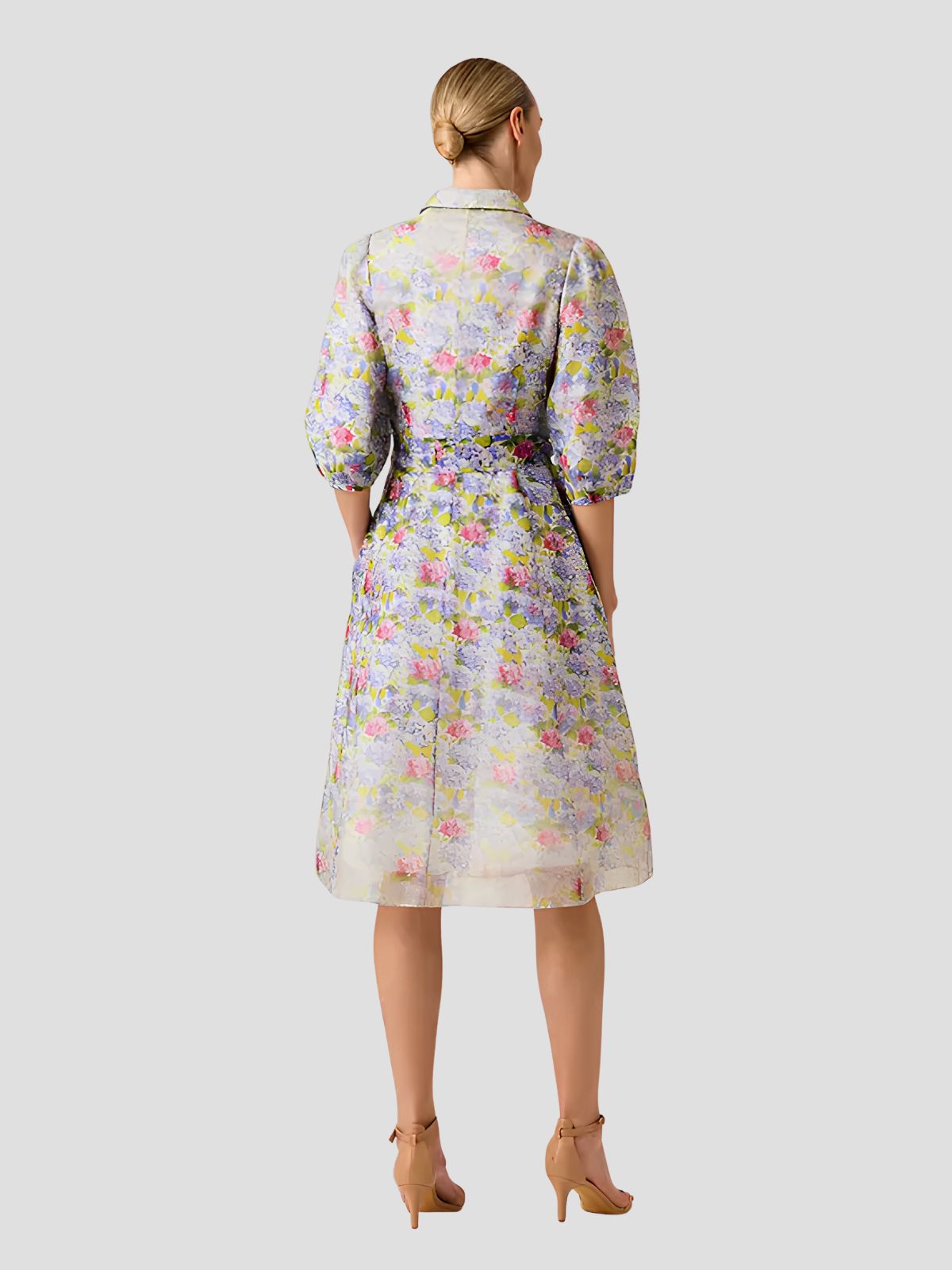 Silk Linen Print Puff Sleeve Shirtwaist Dress