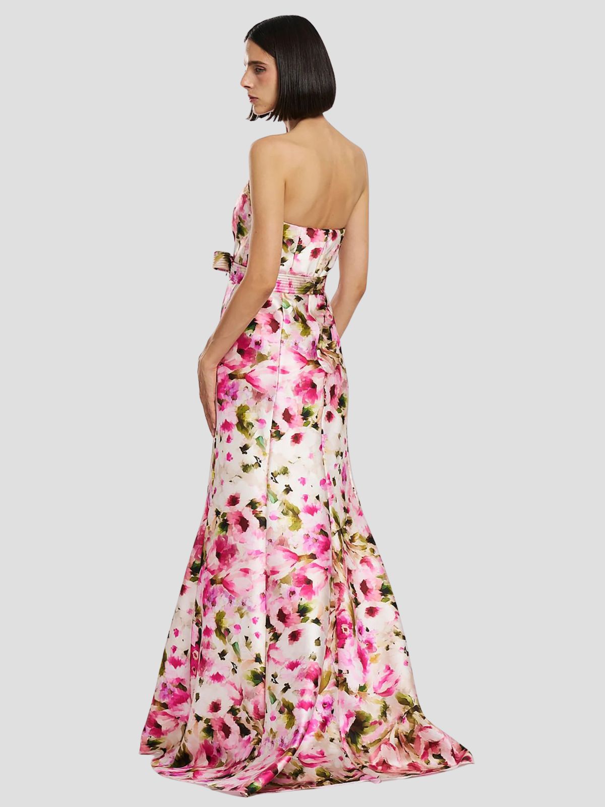 Verdavainne #1742 Pink Watercolor Floral Strapless Satin Twill Gown
