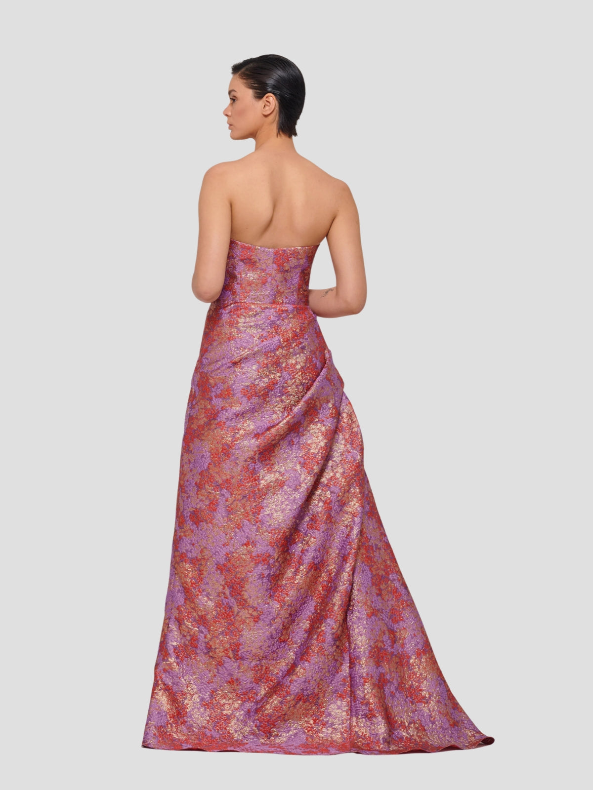 Layered Hem Gown with Metallic Floral Jacquard