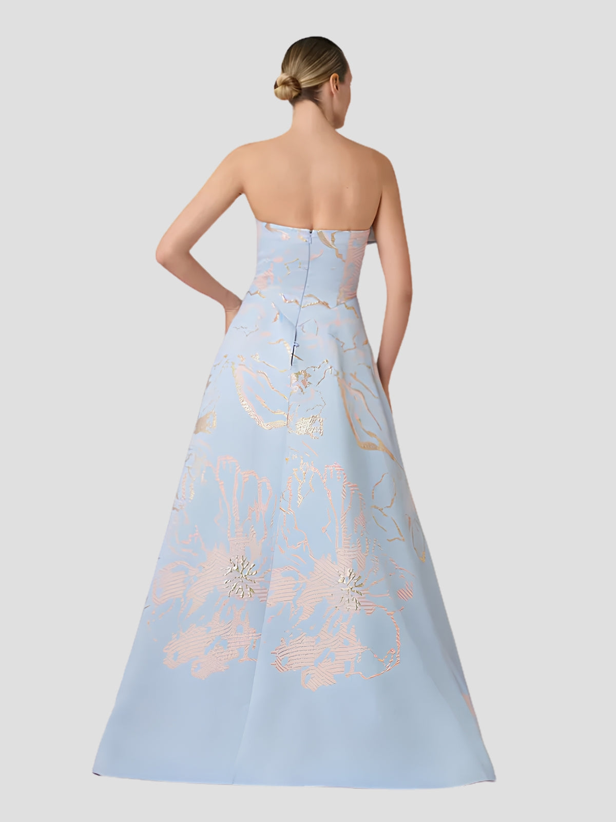Metallic Jacquard Strapless Side Bow A Line Skirt Gown