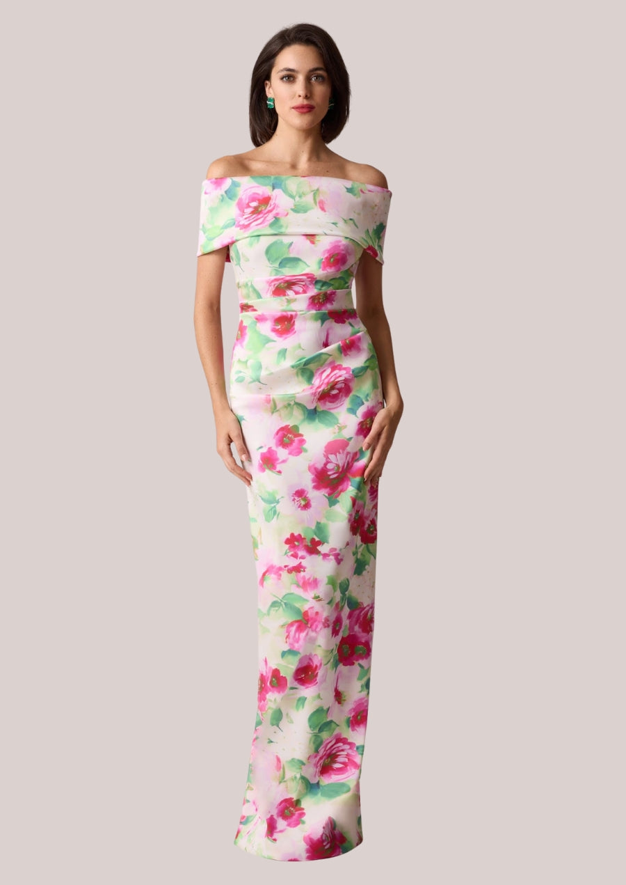 Mikado Ruched Off The Shoulder Print Stretch Gown