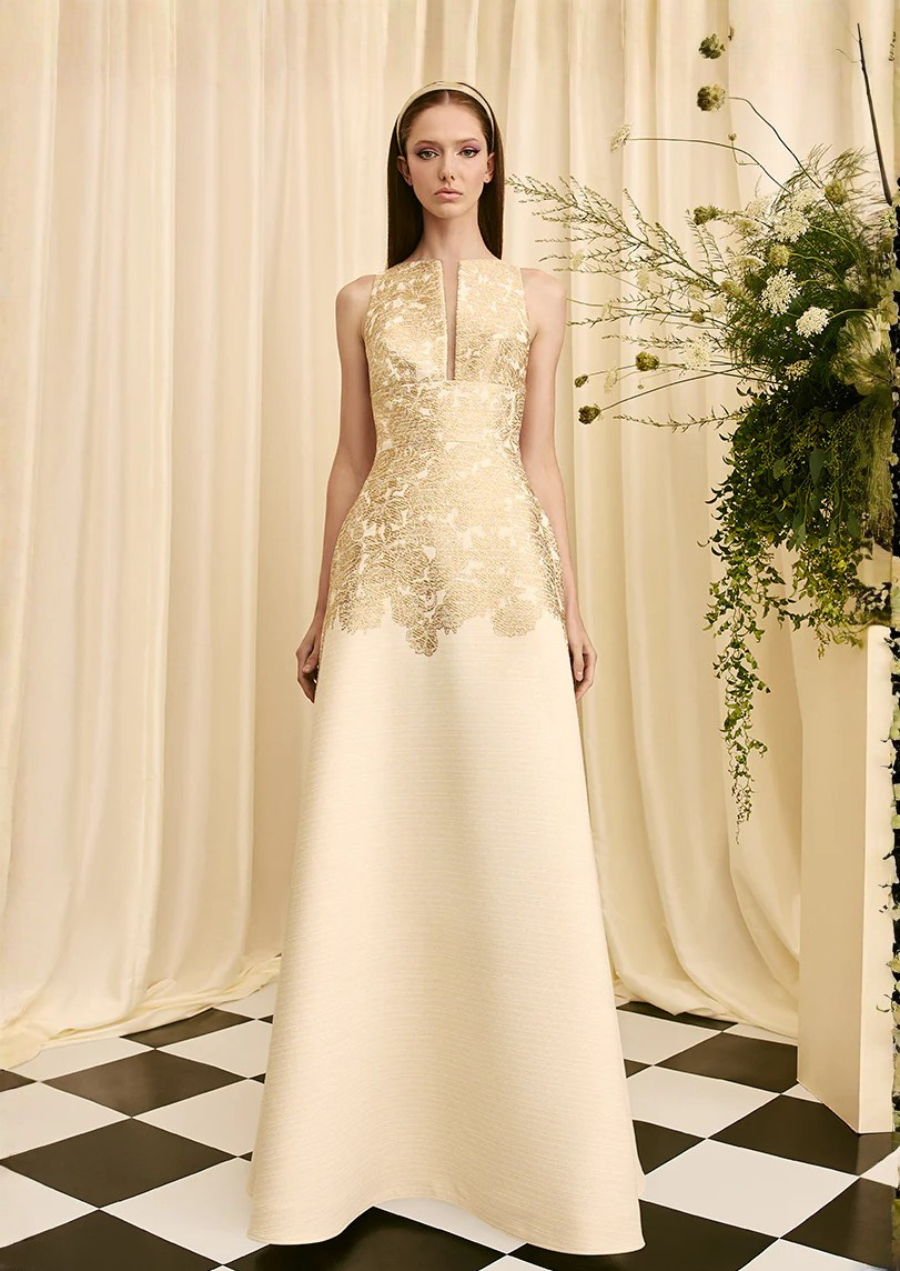 Sleeveless Metallic Brocade Gown