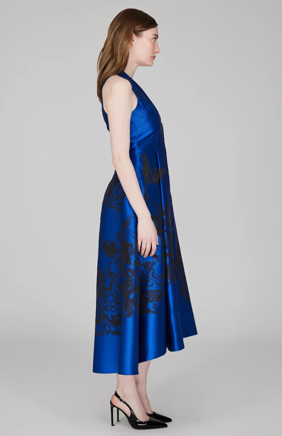 Mi Jong Lee #DL1090ZG-F2 Calligraphic Flora Jacquard High Neck Fit & Flare Dress