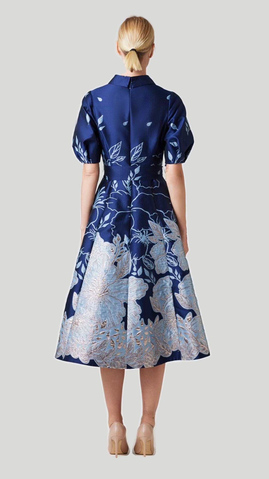 Metallic Jacquard Floral Puff Sleeve Dress