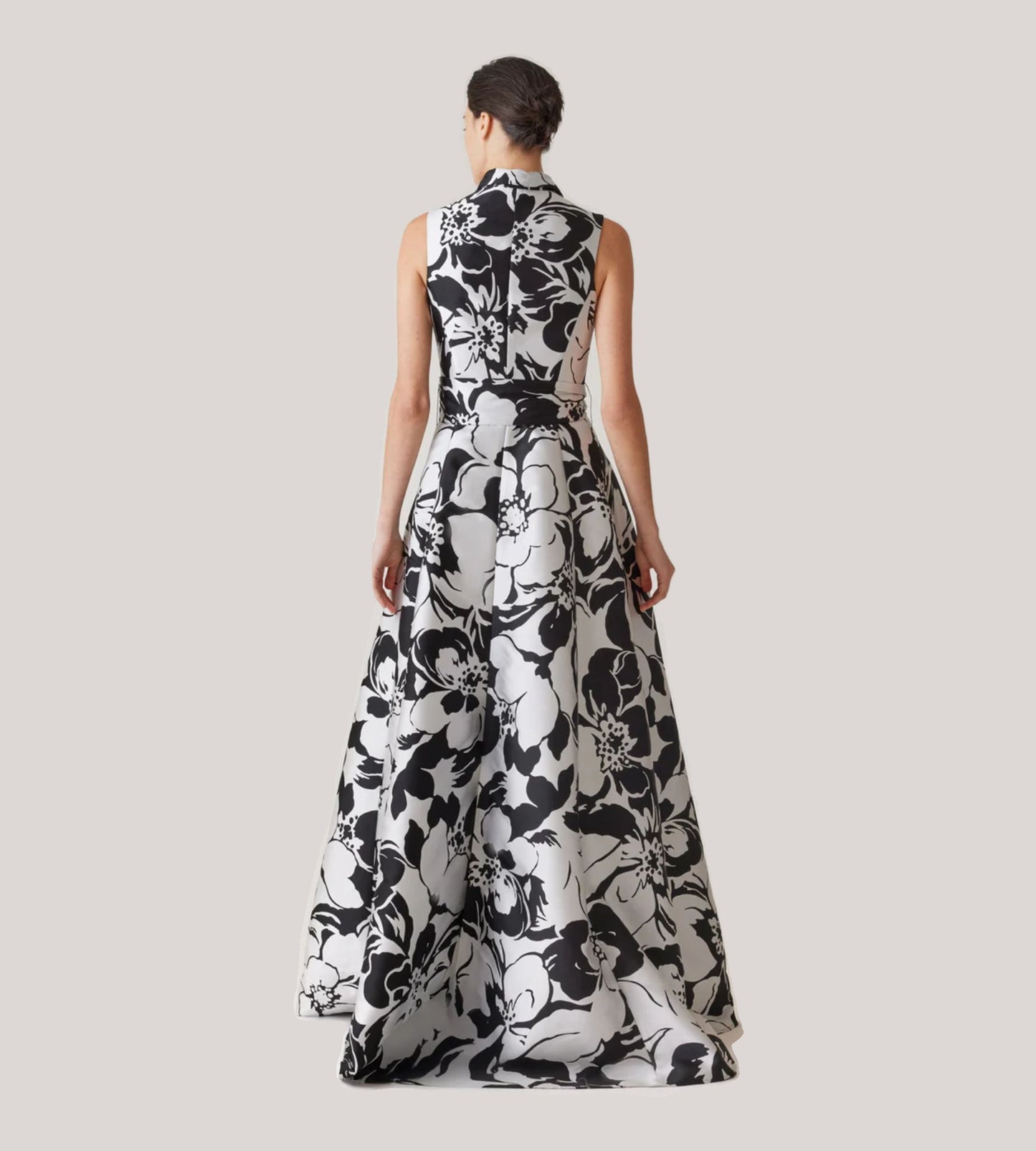 Sleeveless Black & White Floral A-Line Gown