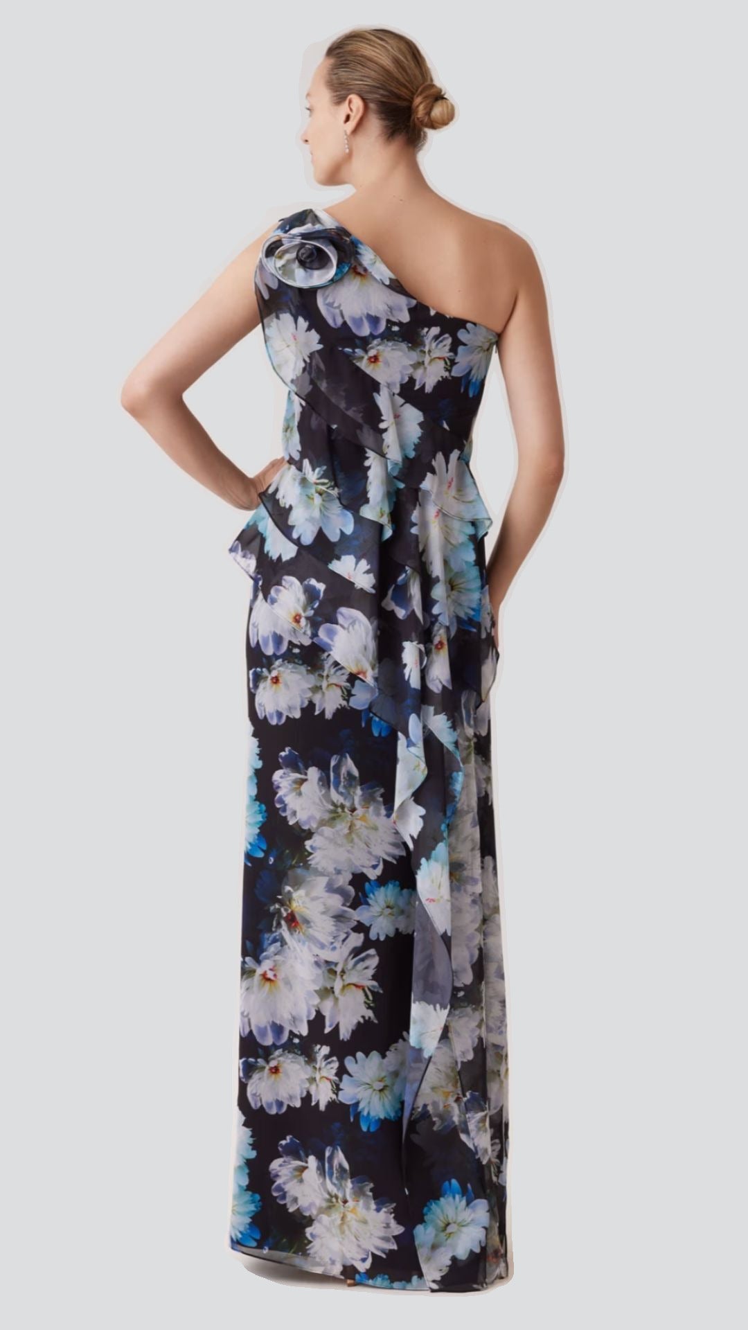 One-Shoulder Floral Ruffle Gown with Rosette Detail