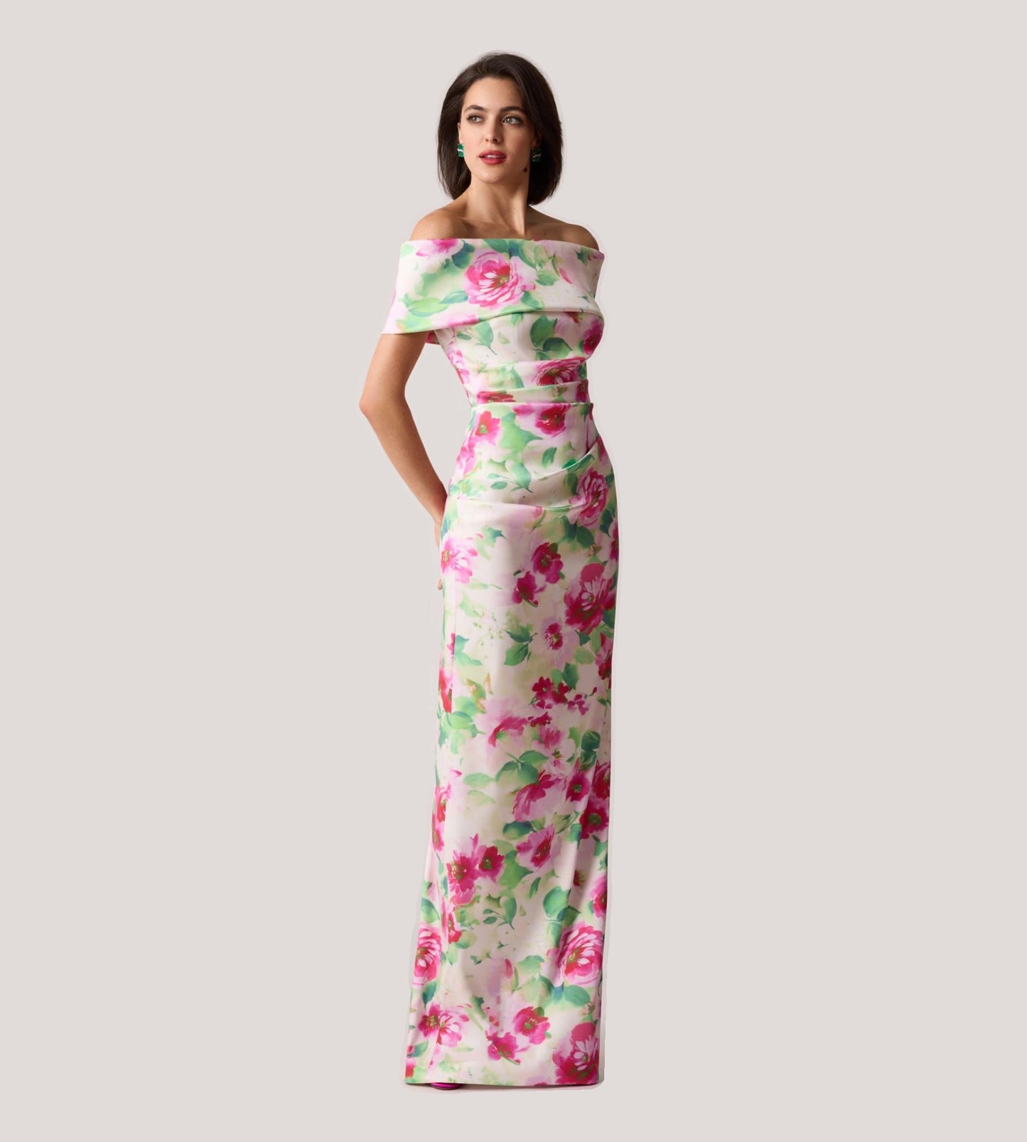 Mikado Ruched Off The Shoulder Print Stretch Gown