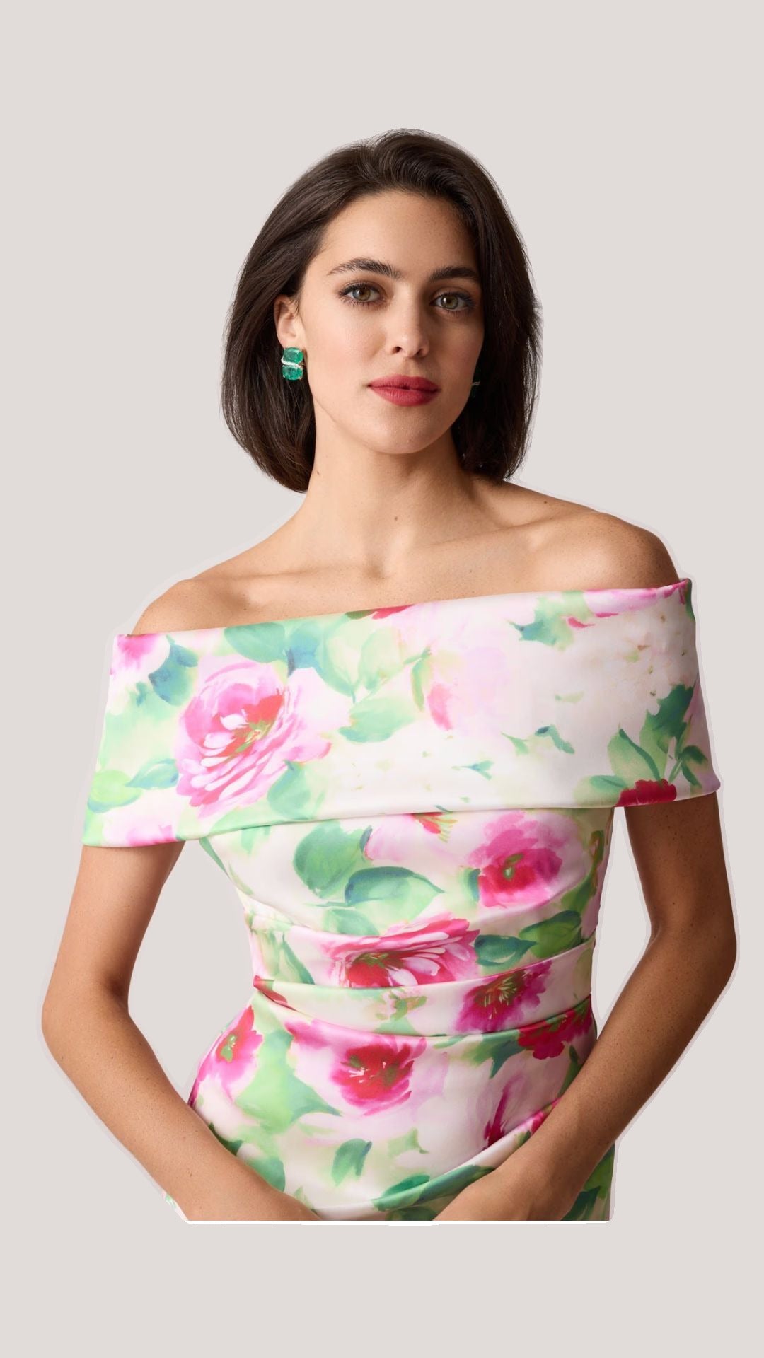 Mikado Ruched Off The Shoulder Print Stretch Gown