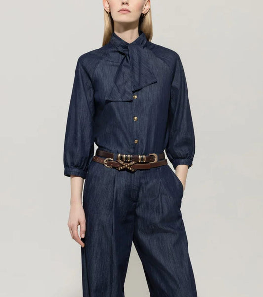 Denim Blouse with Bow