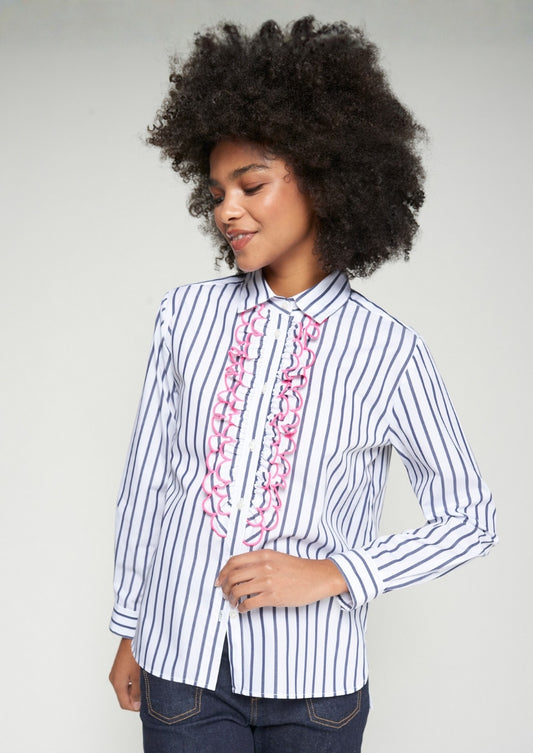 Navy Striped Shirt with Pink Ruffled Trim