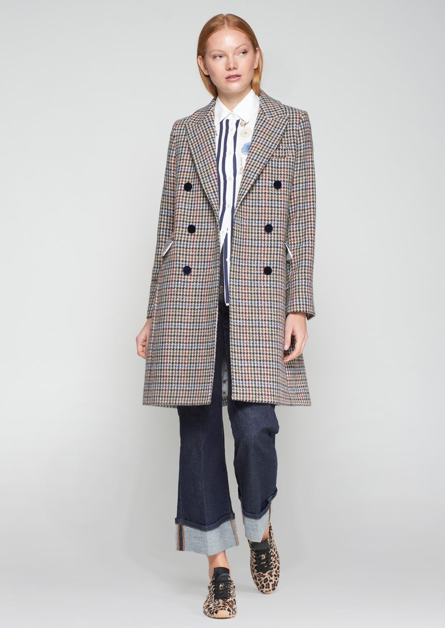 Houndstooth Wool Coat with Velvet Collar