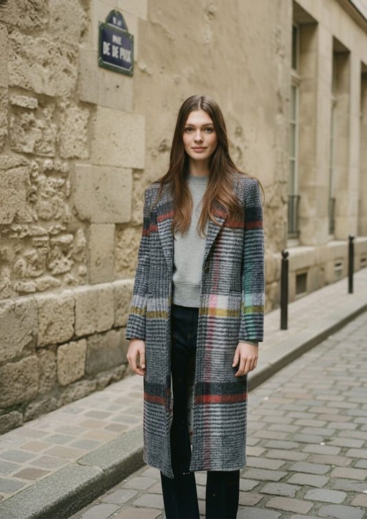 Multi Color Checked Long Grey Coat
