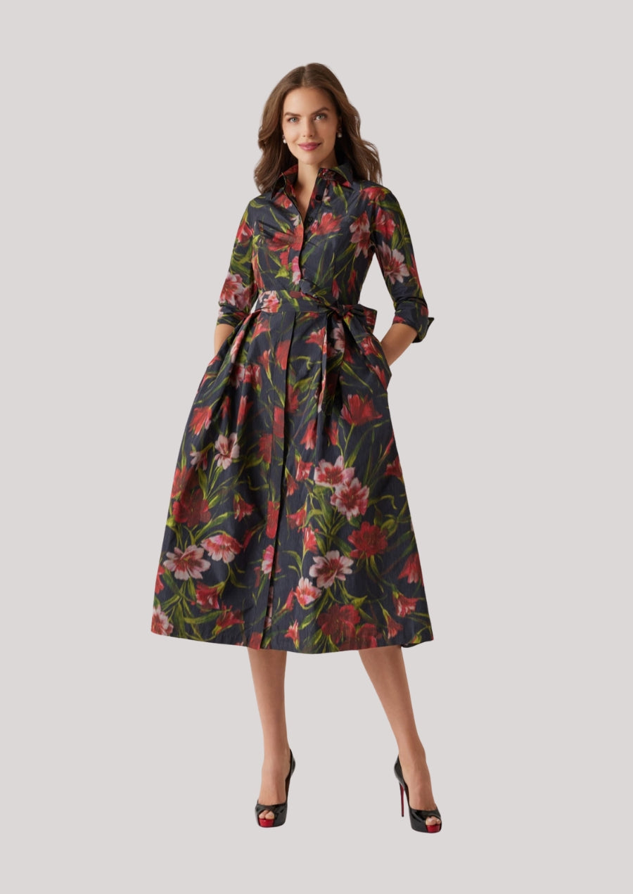 Taffeta Faille Hazy Floral Print Shirt Dress