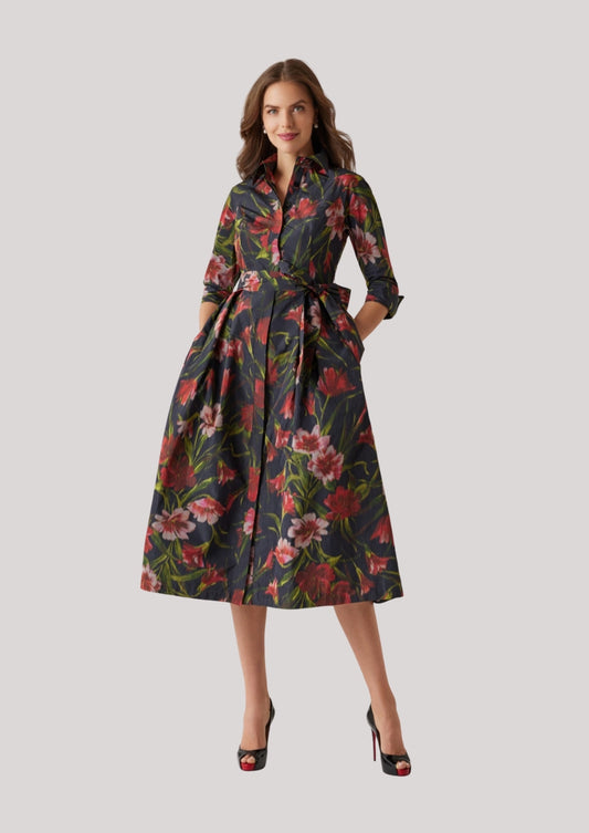 Taffeta Faille Hazy Floral Print Shirt Dress