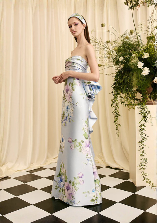 Strapless Blue Floral Gown