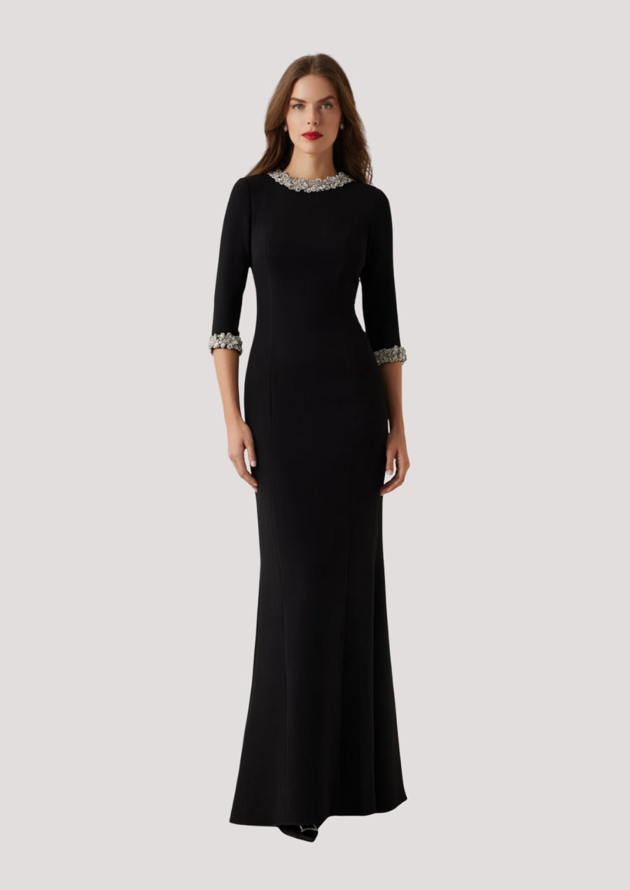 Crepe Elbow Sleeve Jewel Trim Gown