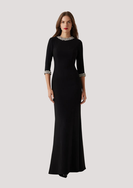 Crepe Elbow Sleeve Jewel Trim Gown
