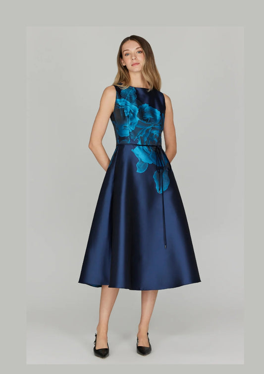 Shadow Rose Jacquard Sleeveless Fit & Flare Dress w/ Bias Trim