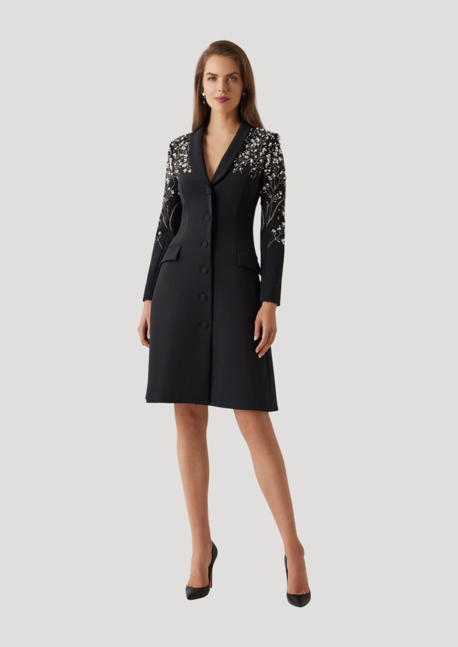 Crepe Pearl Floral Applique Blazer Dress