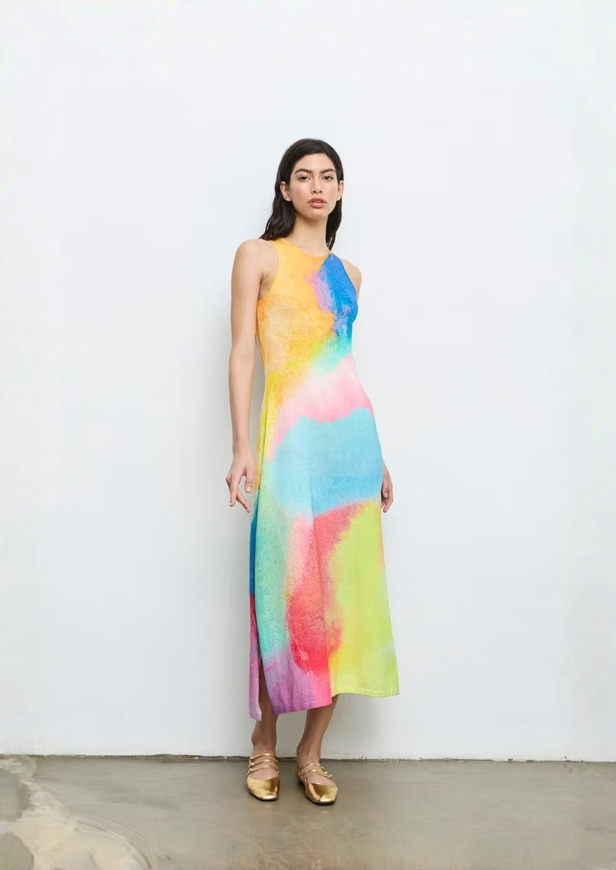 80601 Sleeveless Watercolor Print Midi Dress