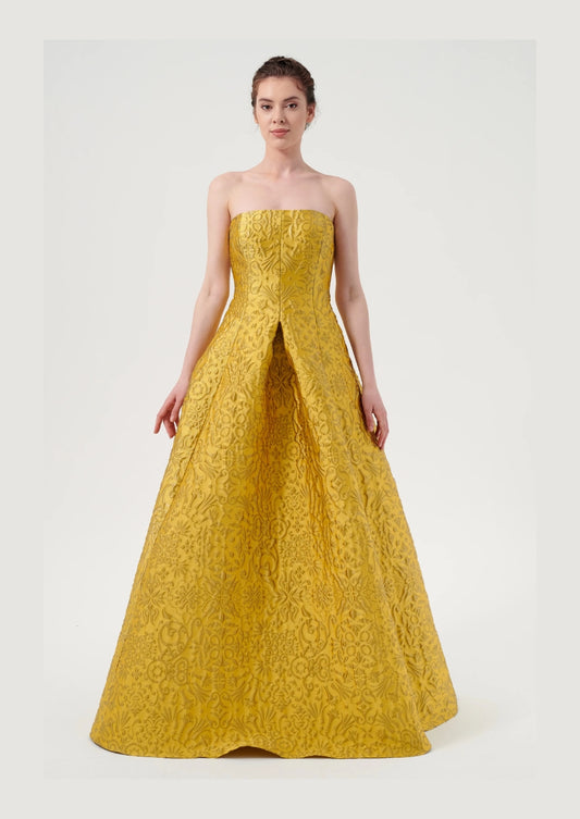 Strapless Textured Floral Print Jacquard Floor-Length Dress