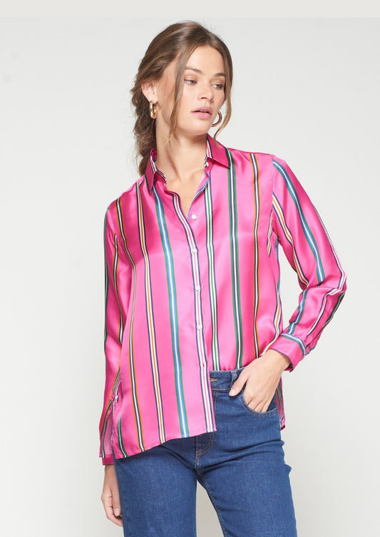 Pink Silk Shirt Multi Colored Stripes