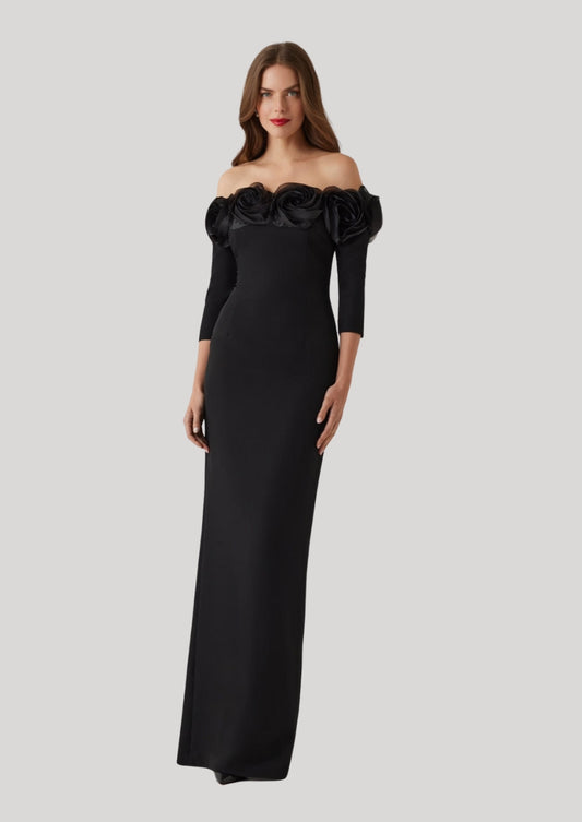 Crepe 3D Flower Off The Shoulder Gown
