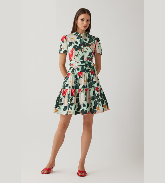 Cotton Print Shirt Collar Drop Waist Tiered Skirt Dress