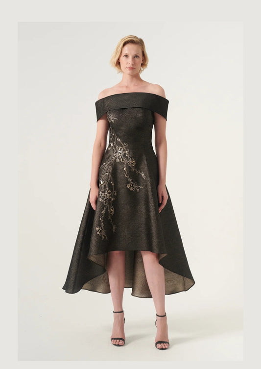 Off-The-Shoulder Applique Detail High Low Brocade Dress
