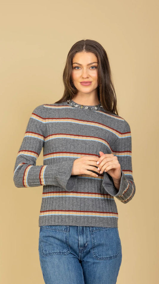 Stripe Ribbed Sweater with Pearl and Sequin Beaded Neck Trim