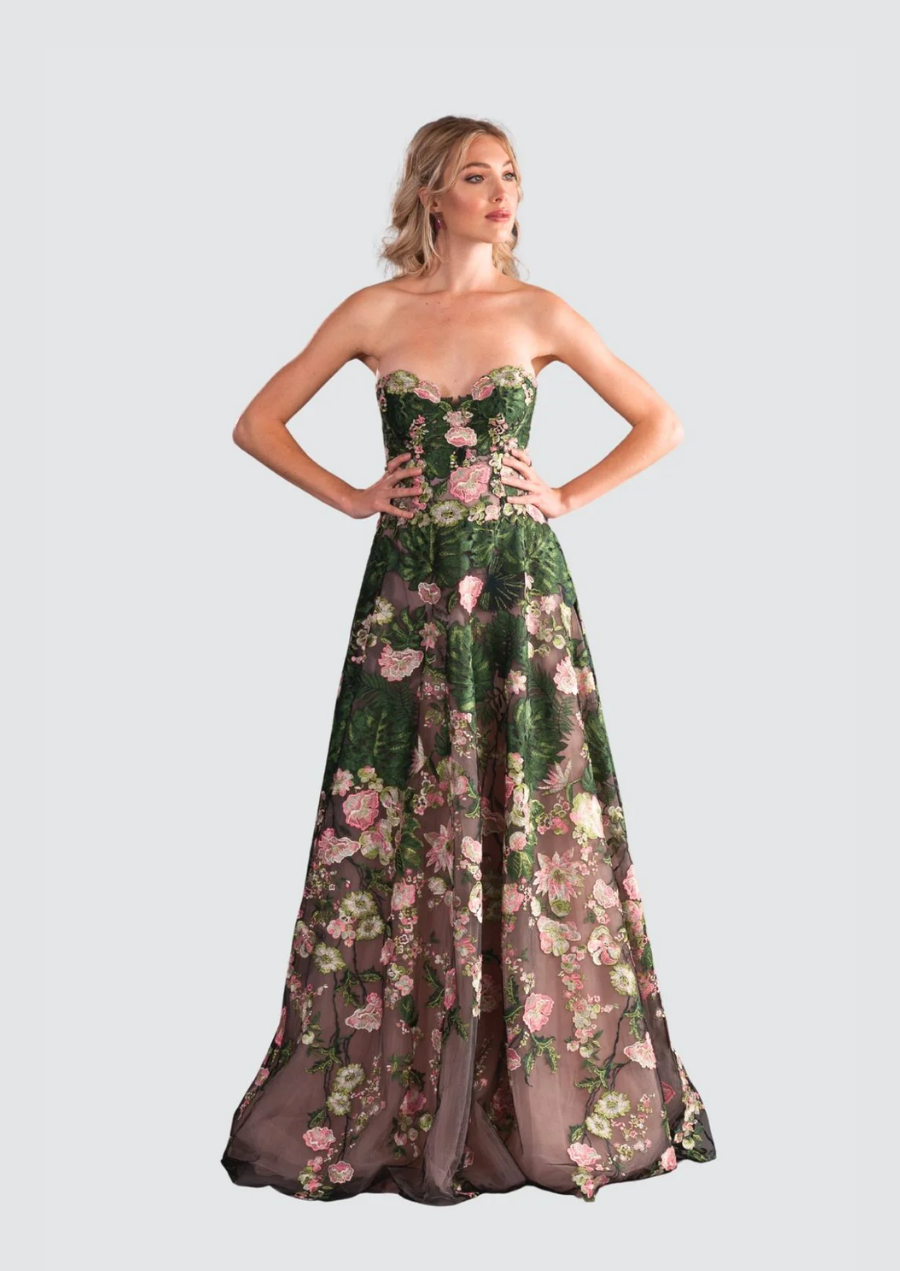 Elegant Strapless Floral Embroidered Gown - 4757