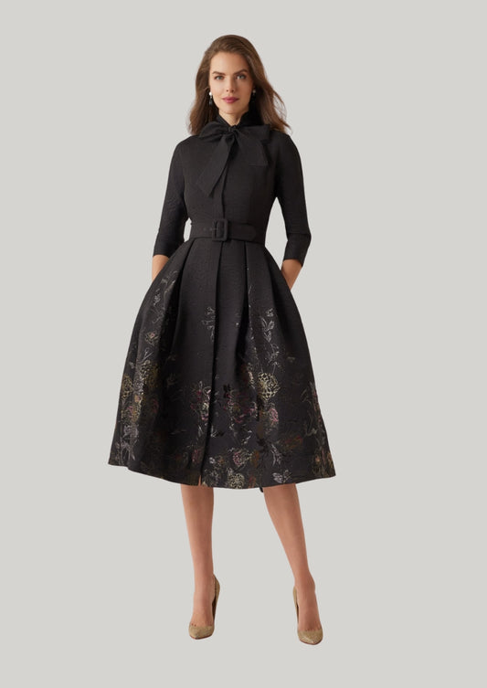 Textured Metallic Jacquard Floral Bow Neck Dress