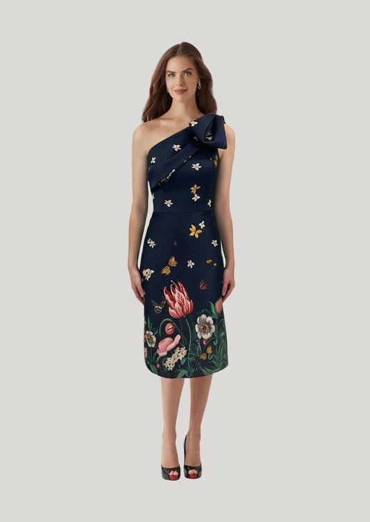 Mikado Floral Butterfly One Shoulder Dress