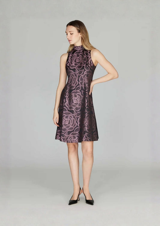 Rose Dot Jacquard Short Dress w/ Back Neck Tie