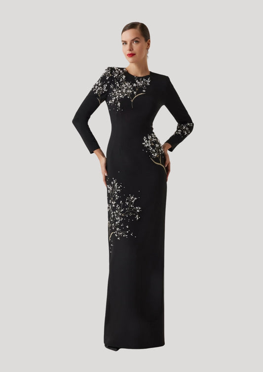 Crepe Floral Pearl Applique Gown