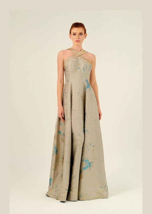 Halter Neckline Fit and Flare Floral Long Gown