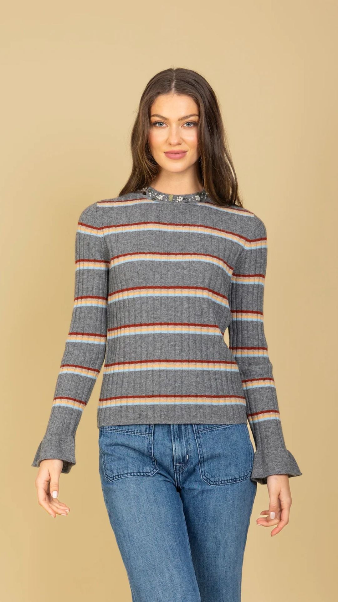 Cashmere Blended Stripe Ribbed Sweater with Pearl and Sequin Beaded Neck Trim