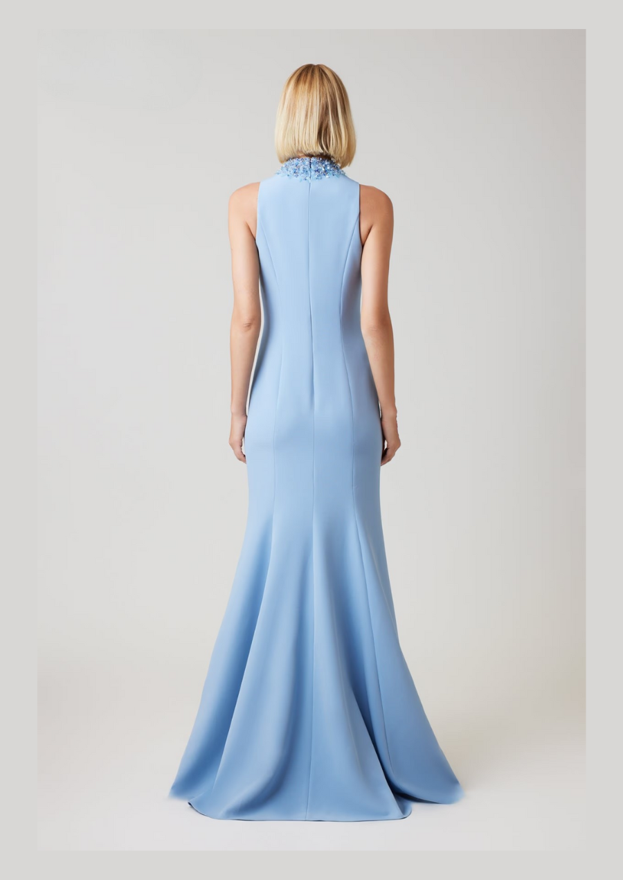 Crepe Beaded Neck Column Gown