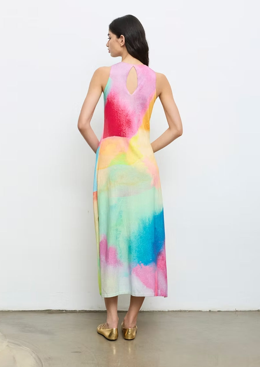 80601 Sleeveless Watercolor Print Midi Dress