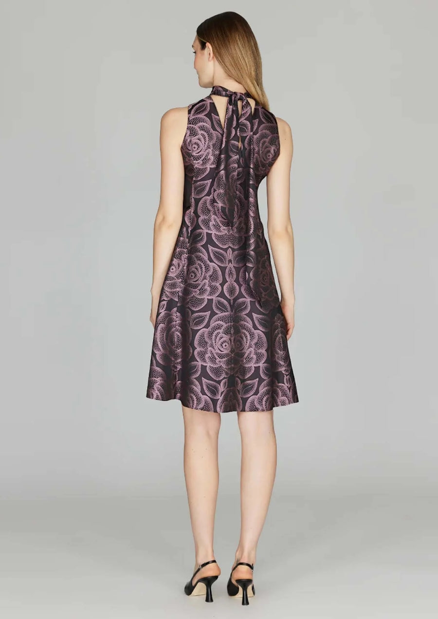 Rose Dot Jacquard Short Dress w/ Back Neck Tie