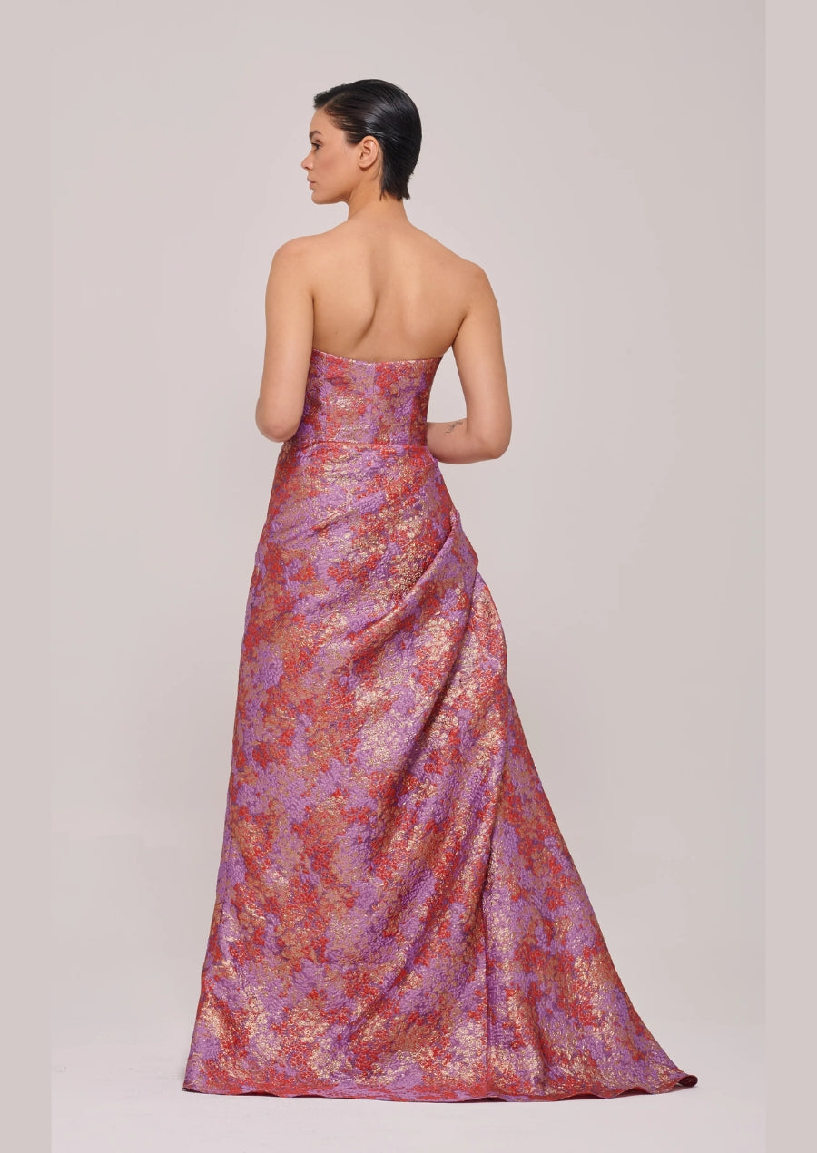 Layered Hem Gown with Metallic Floral Jacquard
